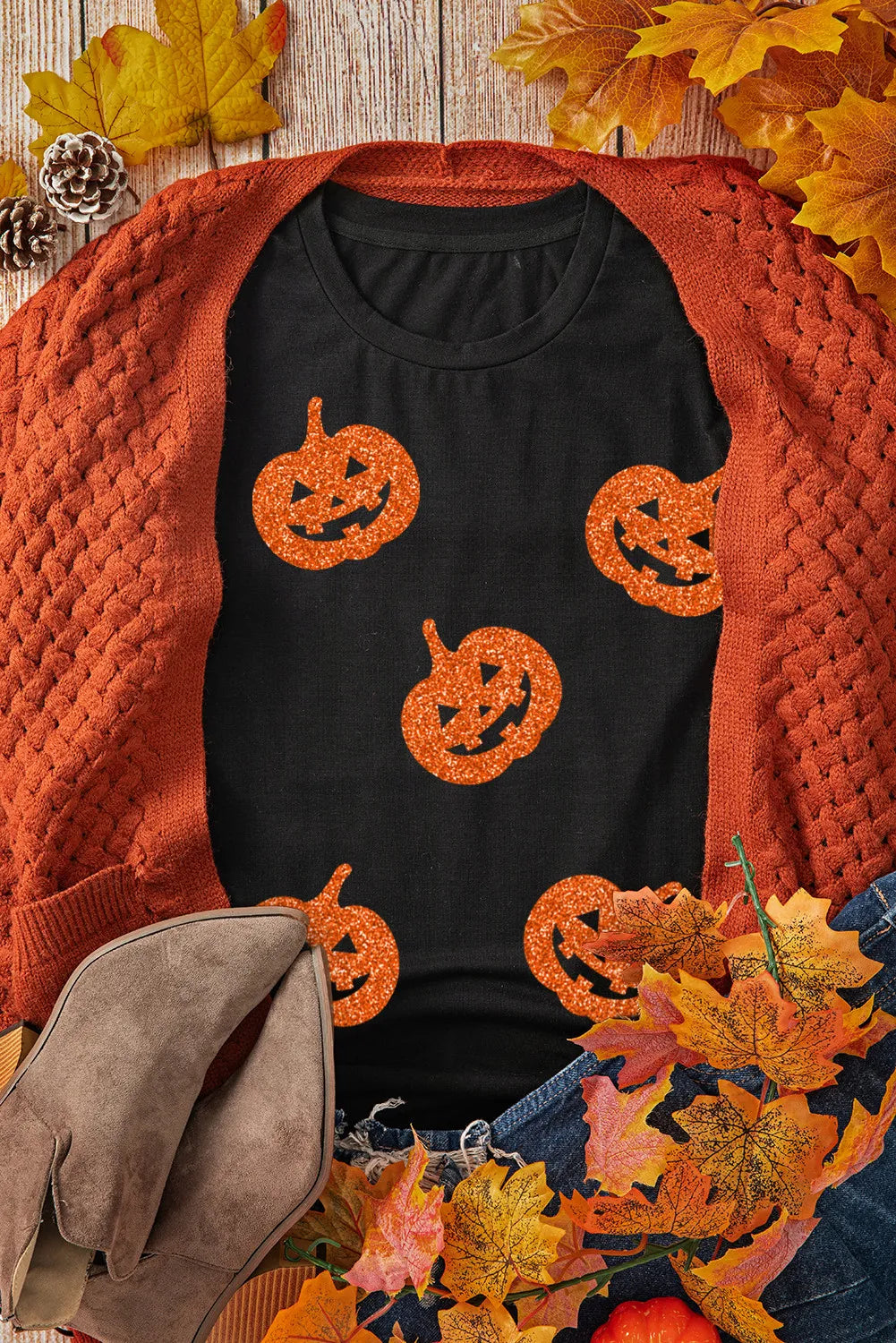 Full Size Glitter Jack-O'-Lantern Round Neck Short Sleeve T-Shirt-TOPS / DRESSES-[Adult]-[Female]-2022 Online Blue Zone Planet