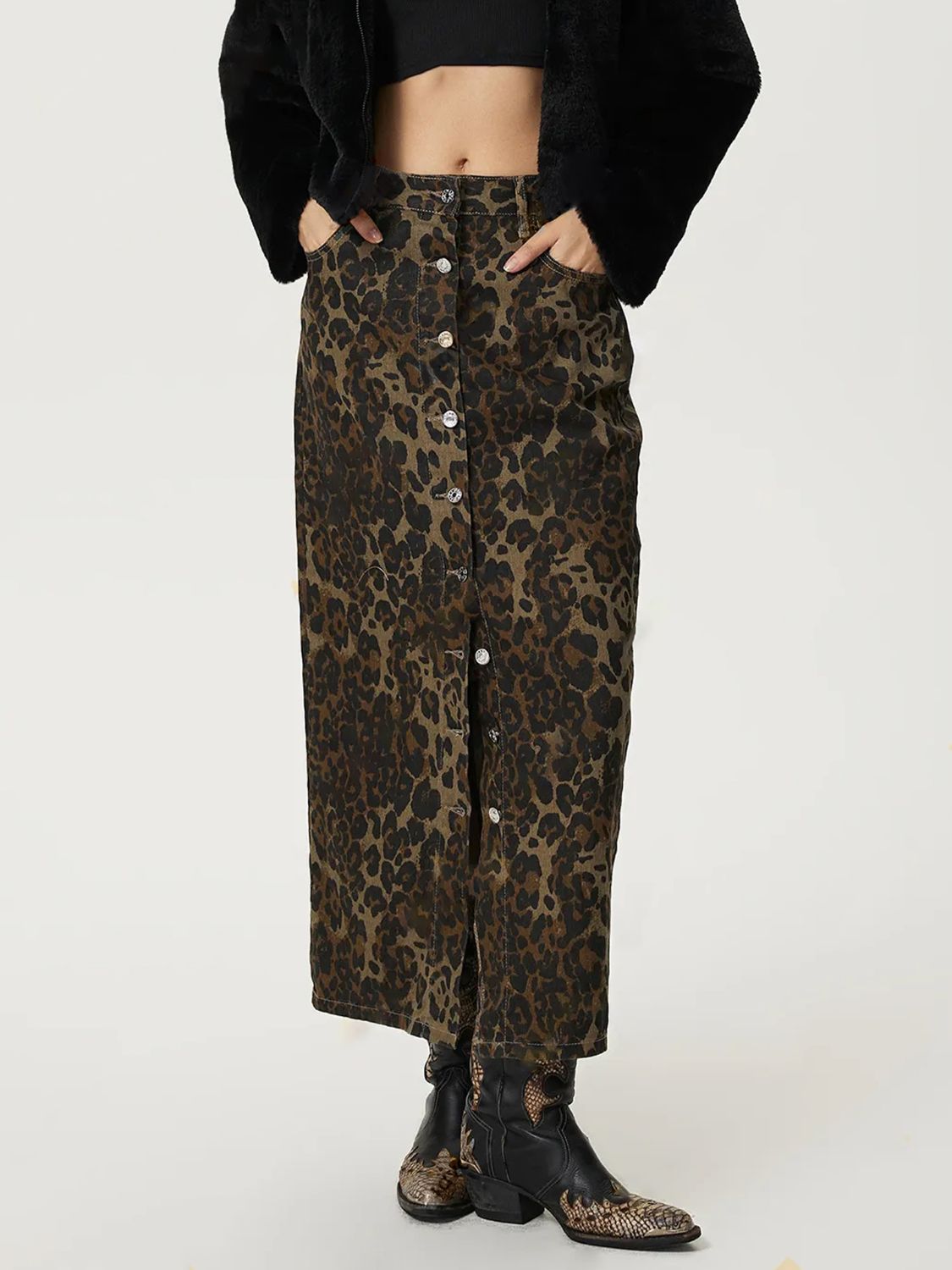 Leopard Button Up Denim Skirt-BOTTOMS SIZES SMALL MEDIUM LARGE-[Adult]-[Female]-Leopard-XS-2022 Online Blue Zone Planet