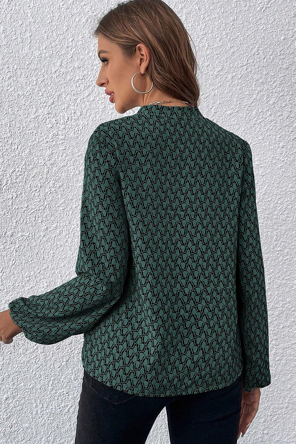 Green Geometric Print Notched Neck Puff Sleeve Blouse-Tops/Blouses & Shirts-[Adult]-[Female]-2022 Online Blue Zone Planet