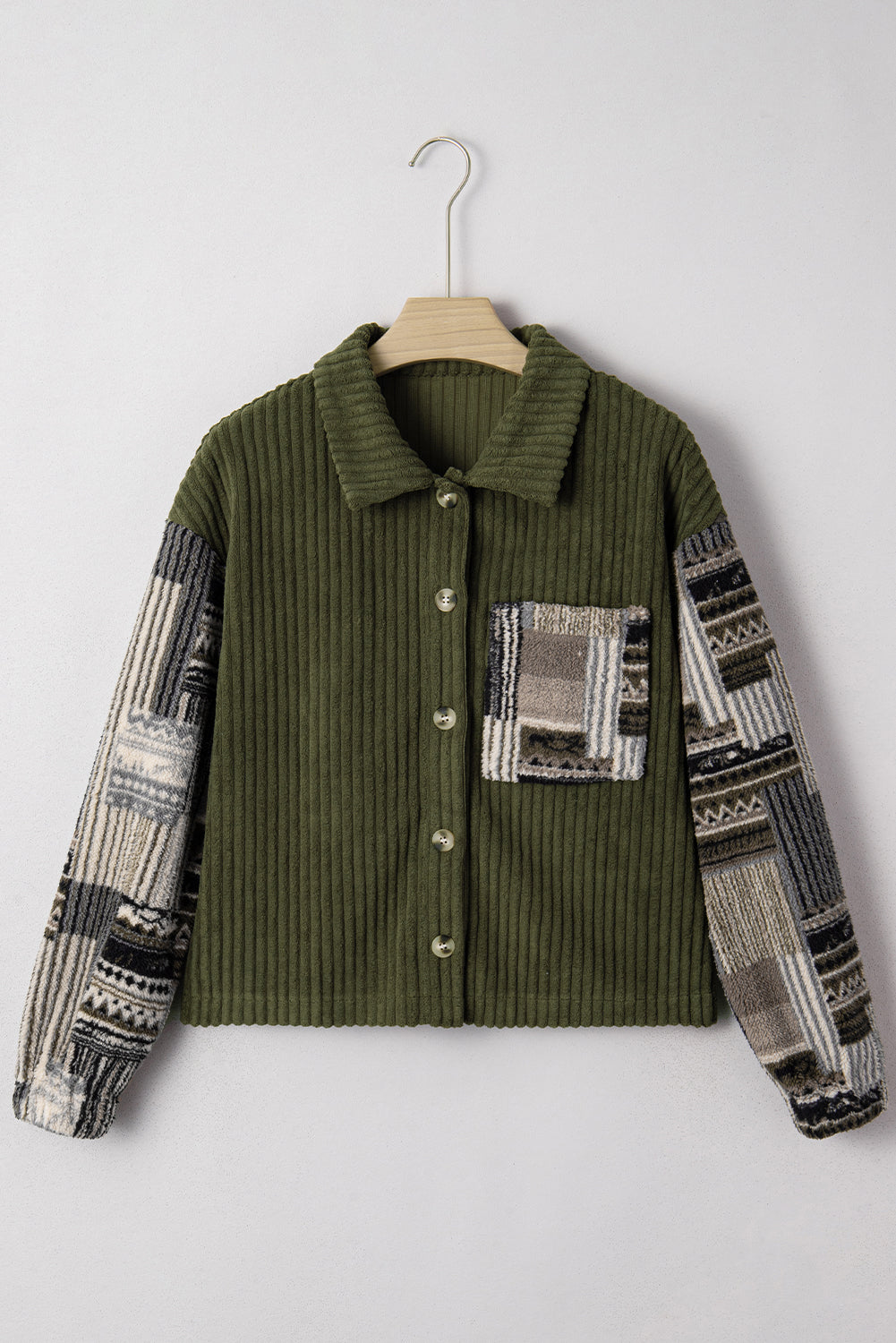 Jungle Green Ribbed Fleece Plaid Print Patchwork Button Up Jacket-Outerwear/Jackets-[Adult]-[Female]-2022 Online Blue Zone Planet