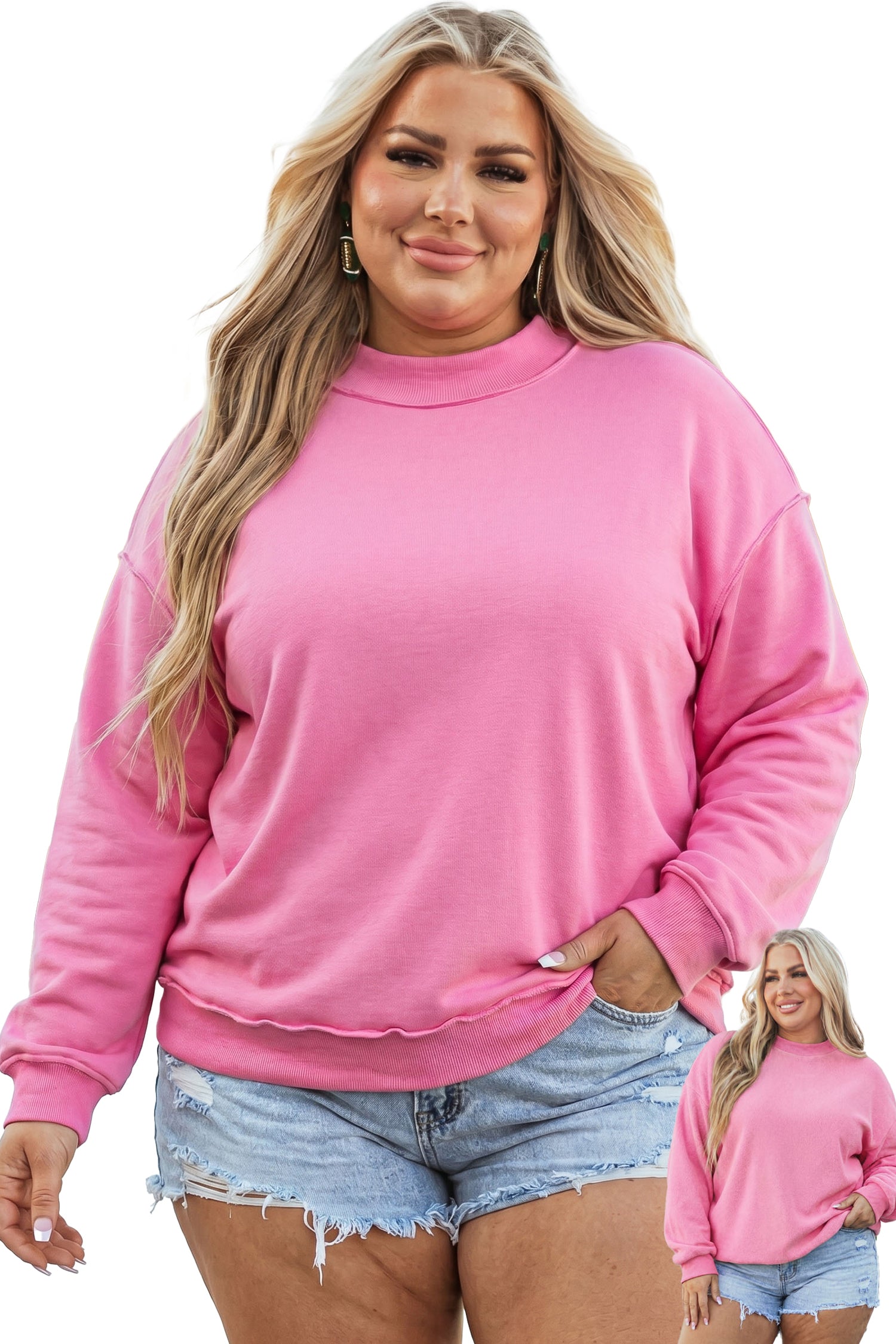 Bright Pink Exposed Seam Detail Reversible Double Wear Plus Size Sweatshirt-Plus Size/Plus Size Sweatshirts & Hoodies-[Adult]-[Female]-2022 Online Blue Zone Planet