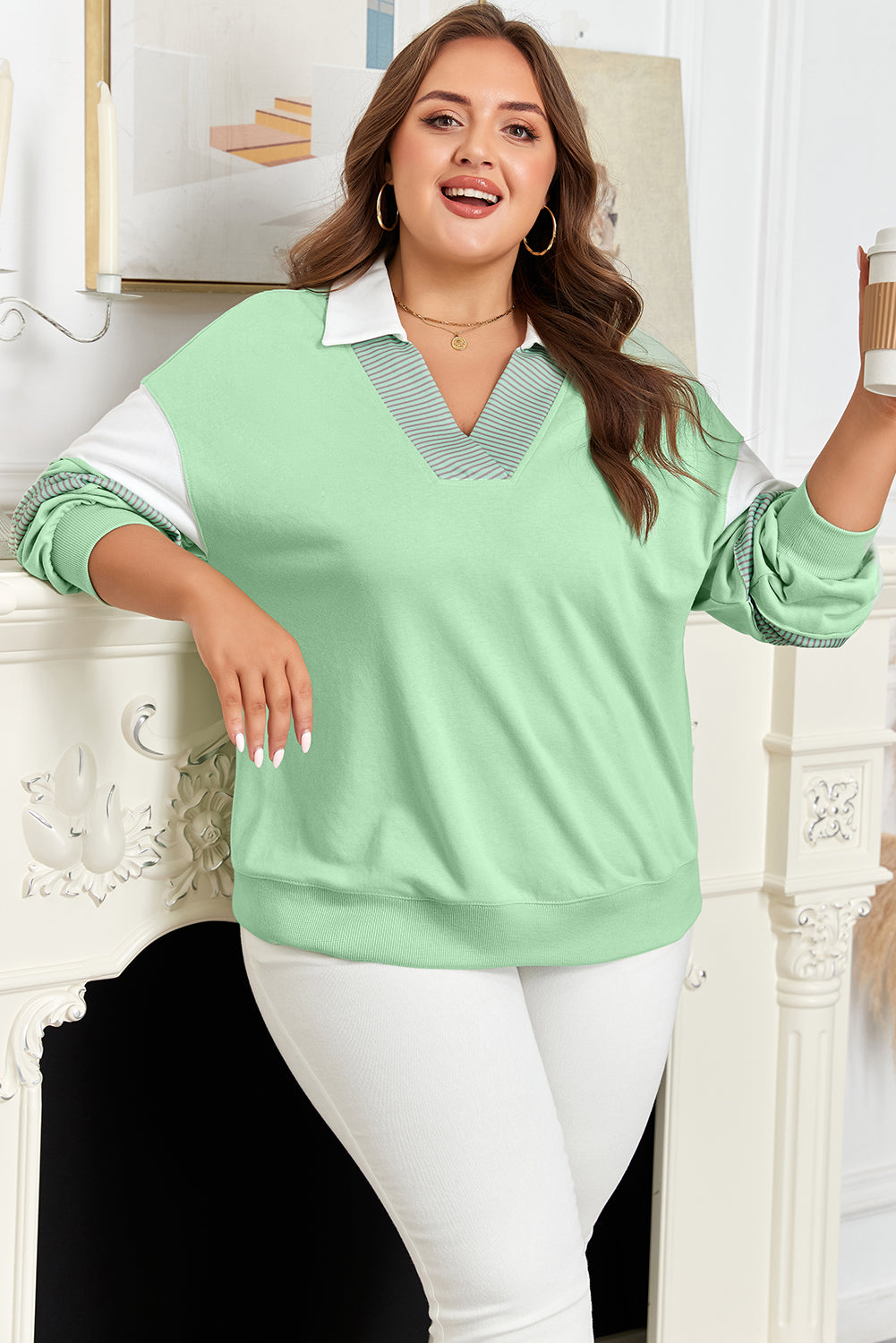 Moonlight Jade Color Block Striped Patchwork Collar V Neck Plus Size Sweatshirt-Plus Size/Plus Size Sweatshirts & Hoodies-[Adult]-[Female]-2022 Online Blue Zone Planet