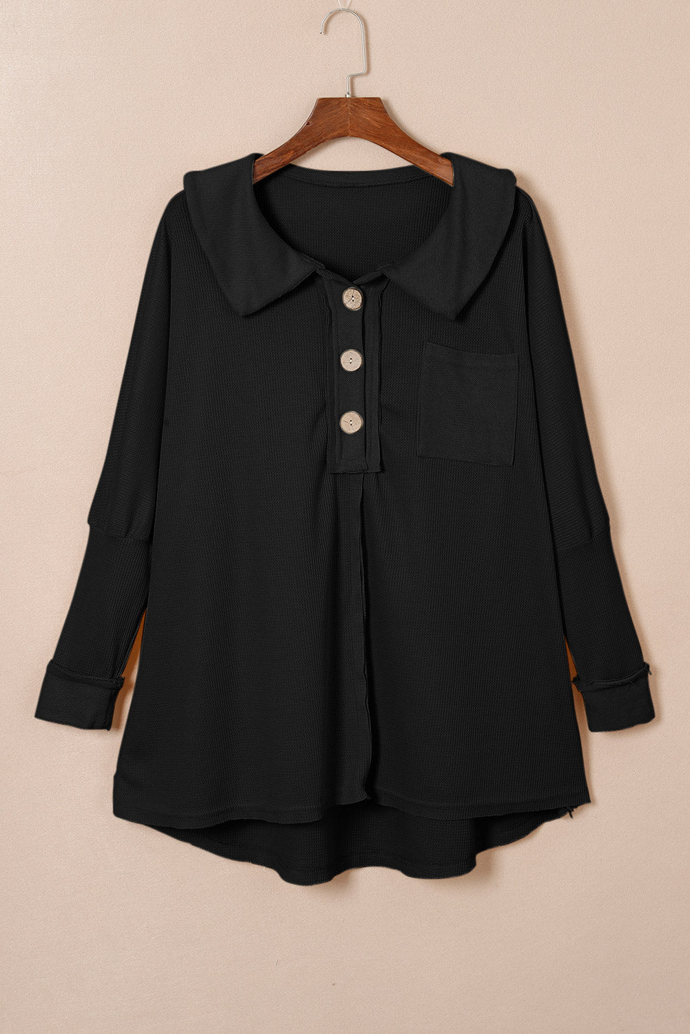 Black Waffle Knit Buttoned Long Sleeve Top-Tops/Long Sleeve Tops-[Adult]-[Female]-2022 Online Blue Zone Planet