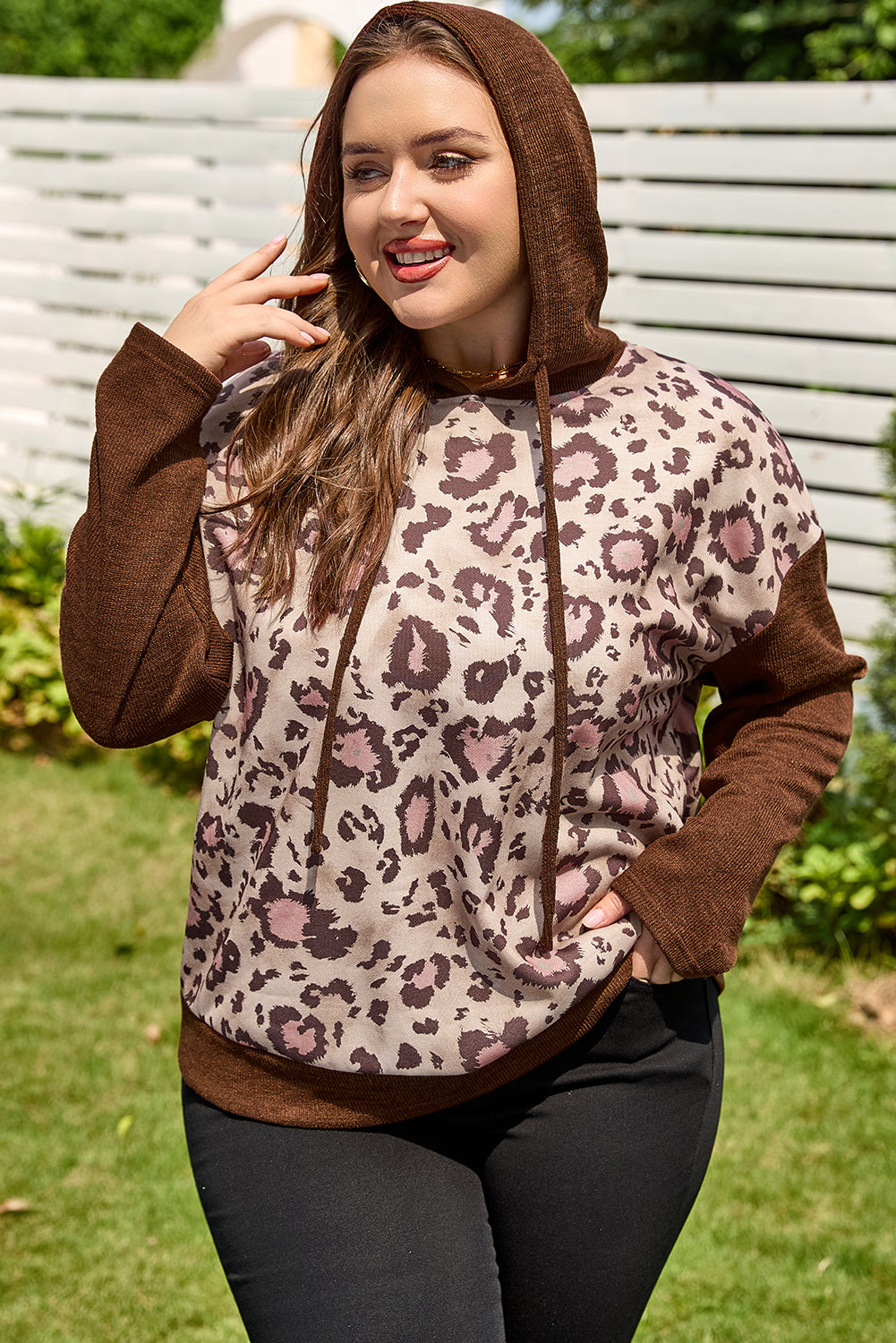 Brown Leopard Print Knit Patchwork Plus Hoodie-Tops / Dresses-[Adult]-[Female]-2022 Online Blue Zone Planet