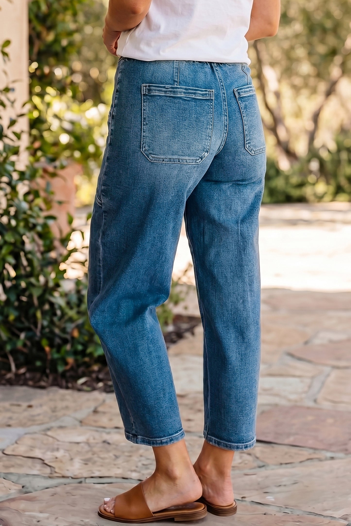 Ashleigh Blue Drawstring Waist Ankle Length Casual Jeans Regular Fit Pocket Detail Denim Pants-Bottoms/Jeans-[Adult]-[Female]-2022 Online Blue Zone Planet