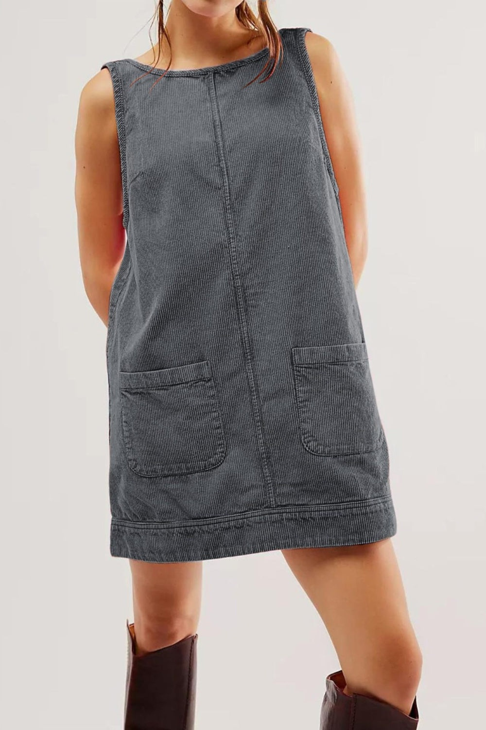 Round Neck Wide Strap Corduroy Mini Dress-TOPS / DRESSES-[Adult]-[Female]-Dark Gray-S-2022 Online Blue Zone Planet