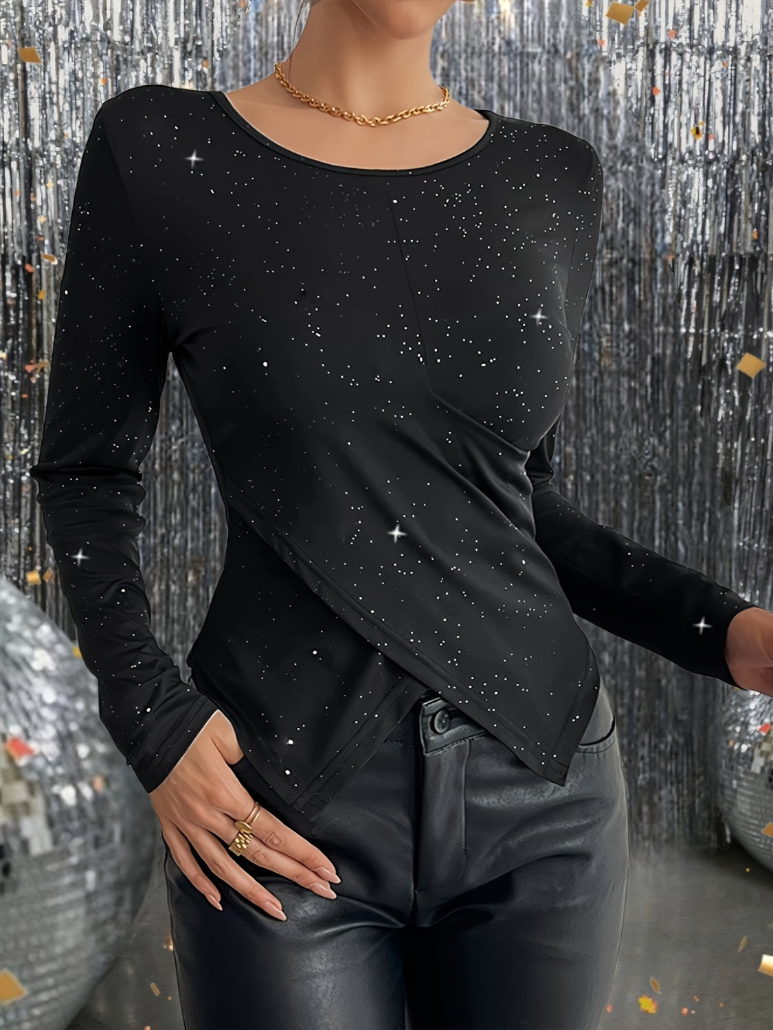 Glitter Round Neck Long Sleeve T-Shirt-TOPS / DRESSES-[Adult]-[Female]-Black-S-2022 Online Blue Zone Planet