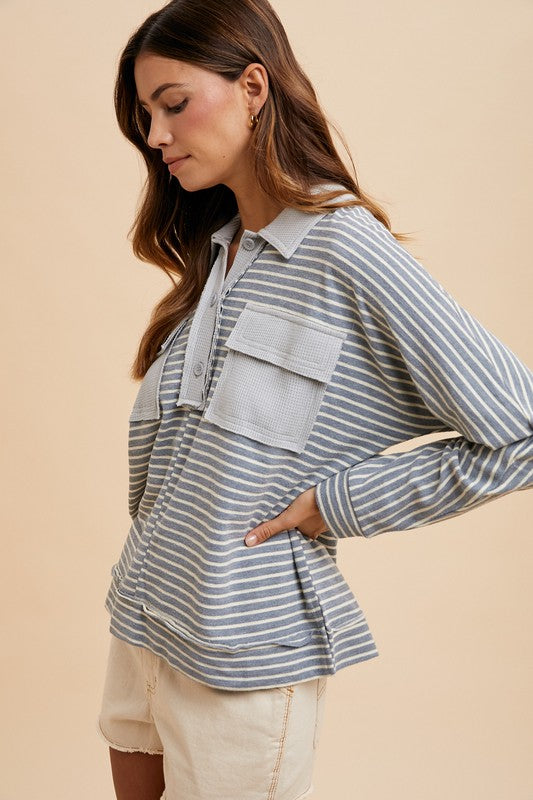 Annie Wear Striped Button Detail Long Sleeve Polo Top-TOPS / DRESSES-[Adult]-[Female]-2022 Online Blue Zone Planet