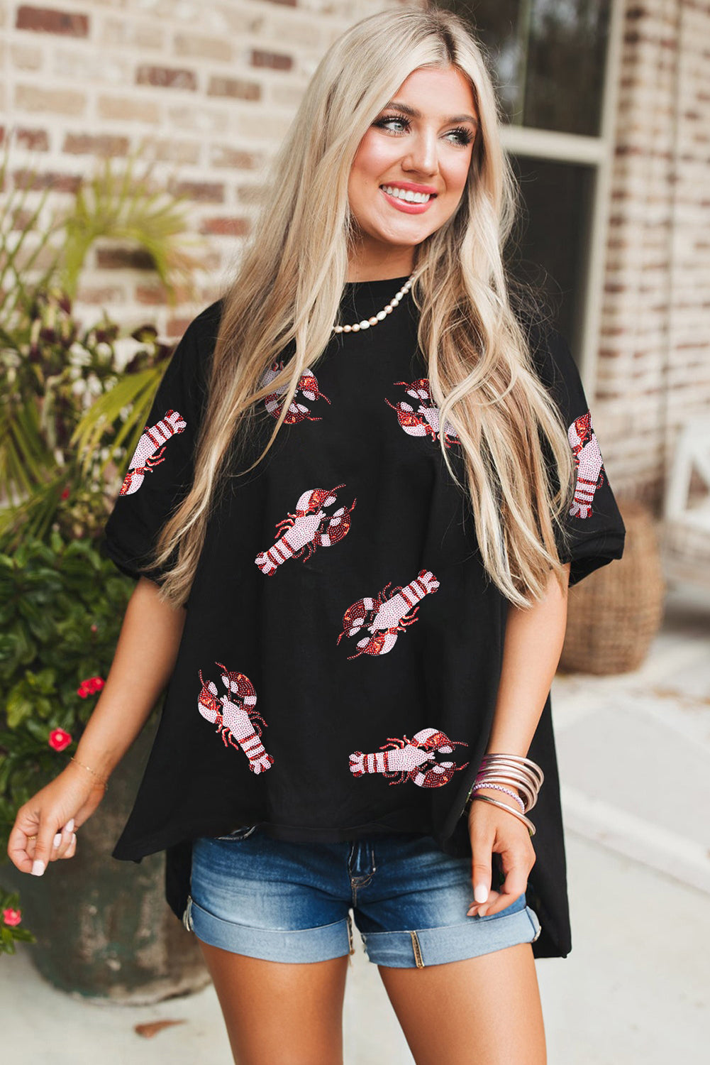 Black Sequin Crayfish Graphic Drop Sleeve High Low Tee-Graphic/Graphic Tees-[Adult]-[Female]-2022 Online Blue Zone Planet