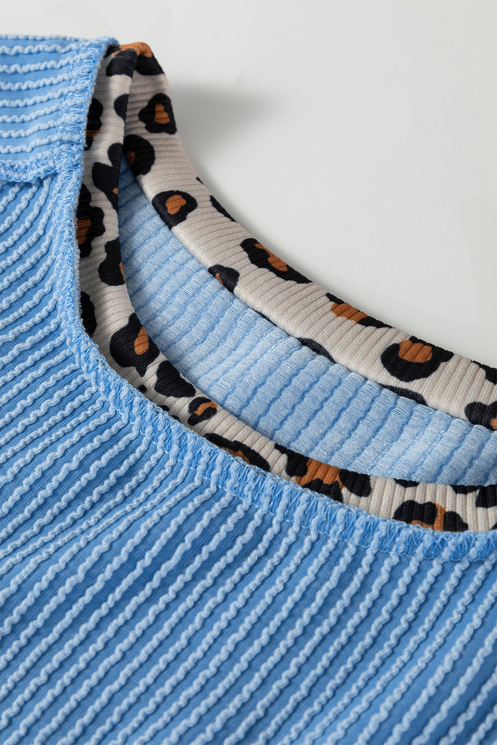 Sky Blue Leopard Patchwork Corded Knit Crew Neck T Shirt-Tops/Tops & Tees-[Adult]-[Female]-2022 Online Blue Zone Planet