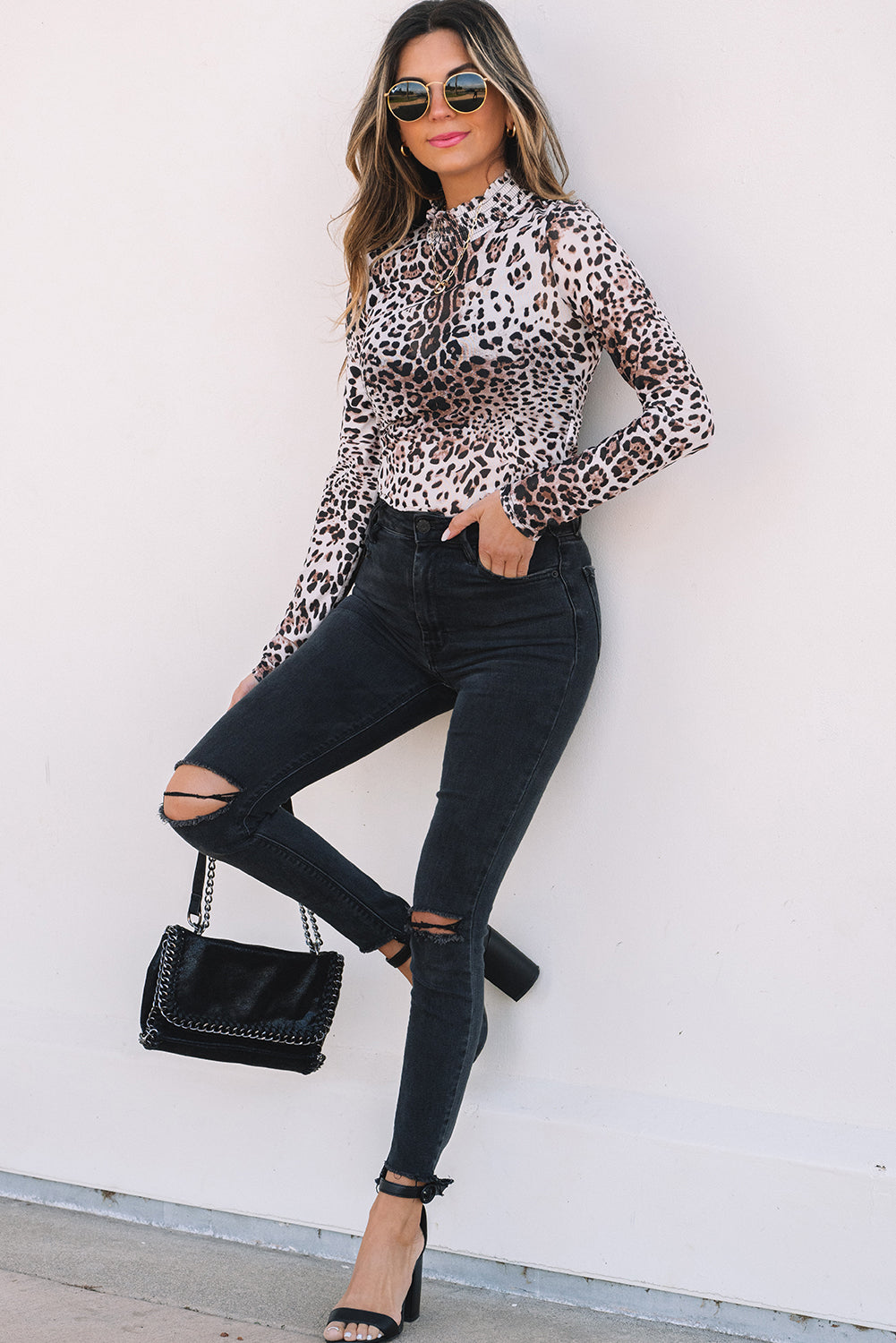 Brown Leopard Smocked Neck Mesh Long Sleeve Bodysuit-Tops/Bodysuits-[Adult]-[Female]-2022 Online Blue Zone Planet
