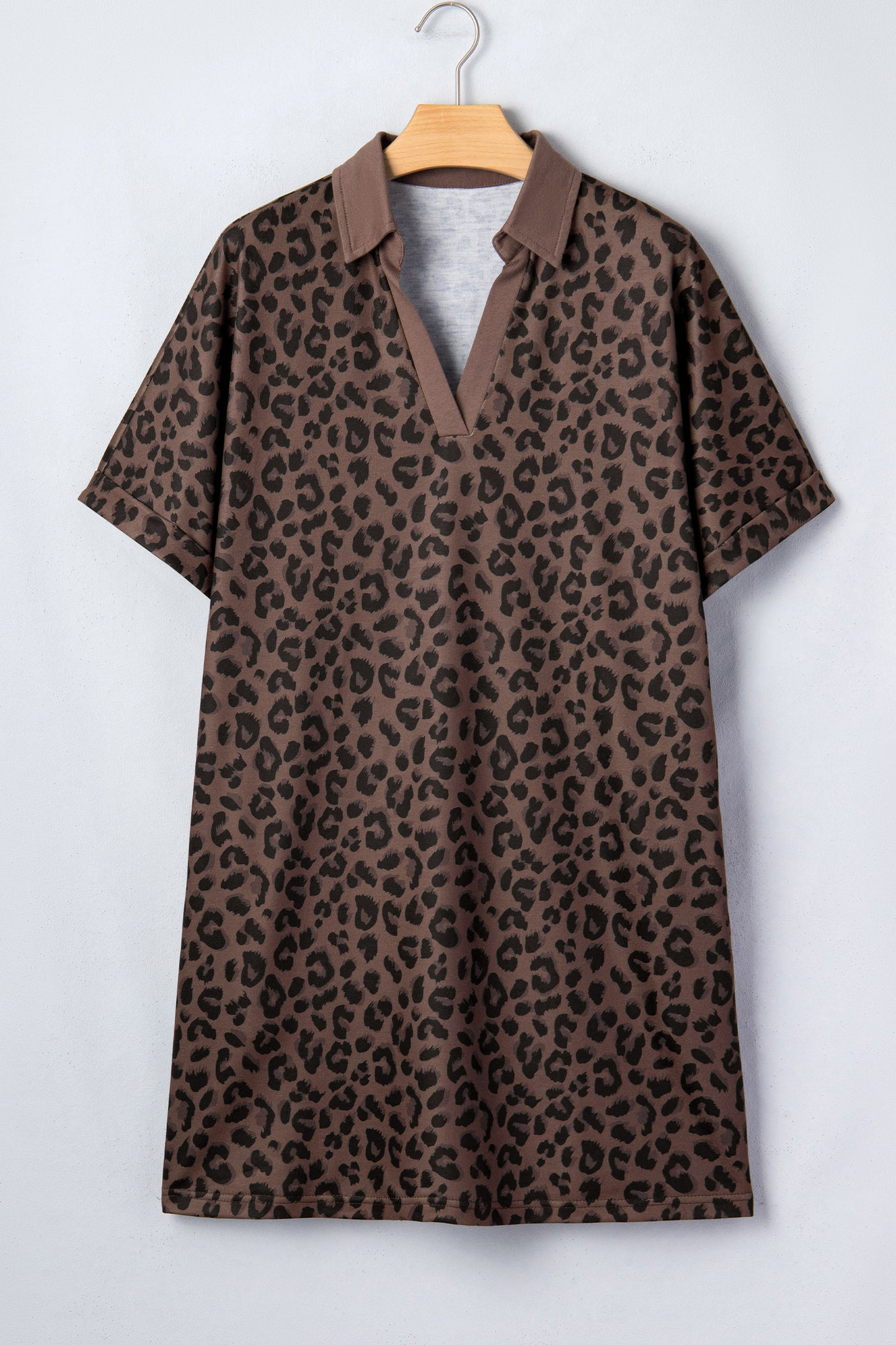Brown Leopard Print Contrast Collar V-Neck Mini Dress-Dresses/Mini Dresses-[Adult]-[Female]-2022 Online Blue Zone Planet