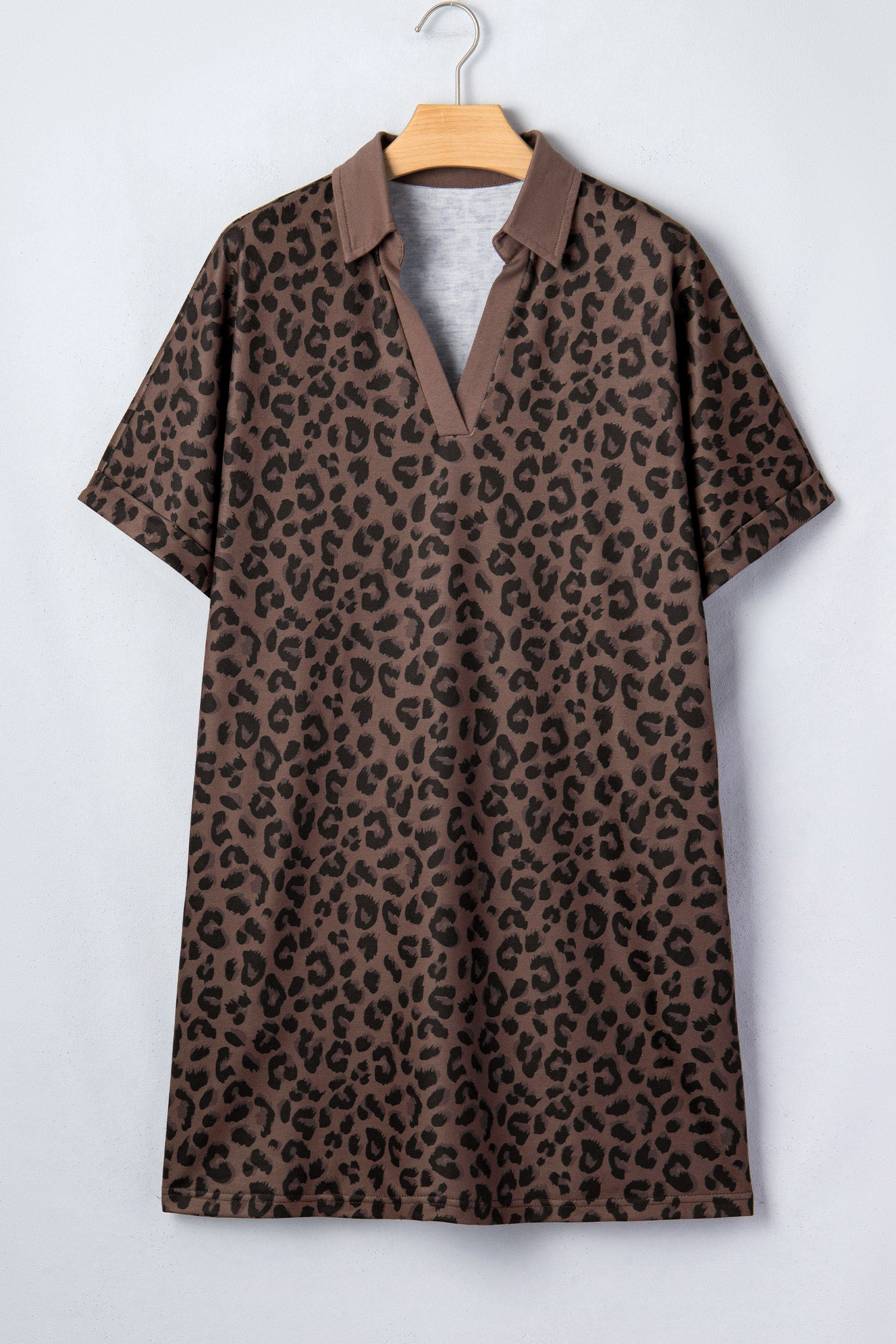 Brown Leopard Print Contrast Collar V-Neck Mini Dress-Dresses/Mini Dresses-[Adult]-[Female]-2022 Online Blue Zone Planet