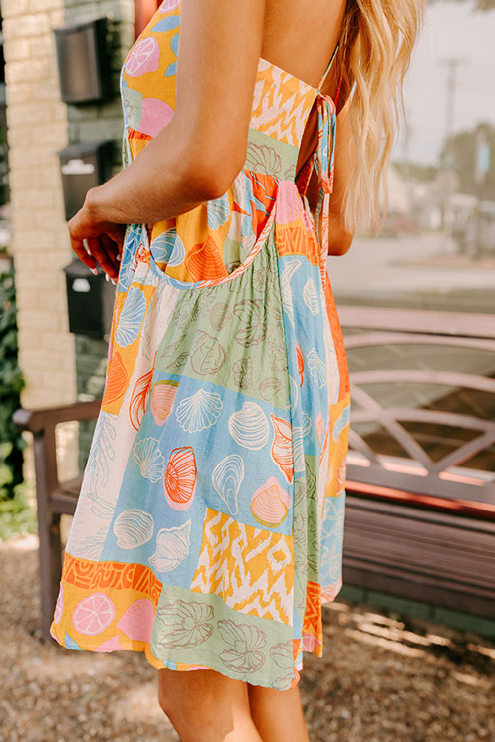 Orange Shell Print Patchwork Backless Flowy Dress-Short Dresses-[Adult]-[Female]-2022 Online Blue Zone Planet