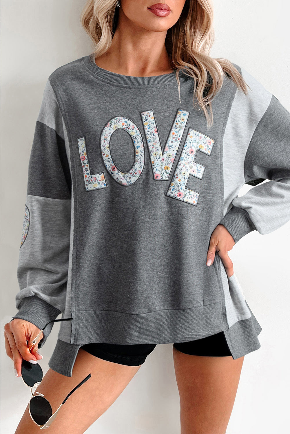 Dark Grey Floral LOVE Graphic Patchwork Uneven Hem Sweatshirt-Sweatshirts & Hoodies-[Adult]-[Female]-Dark Grey-L-2022 Online Blue Zone Planet