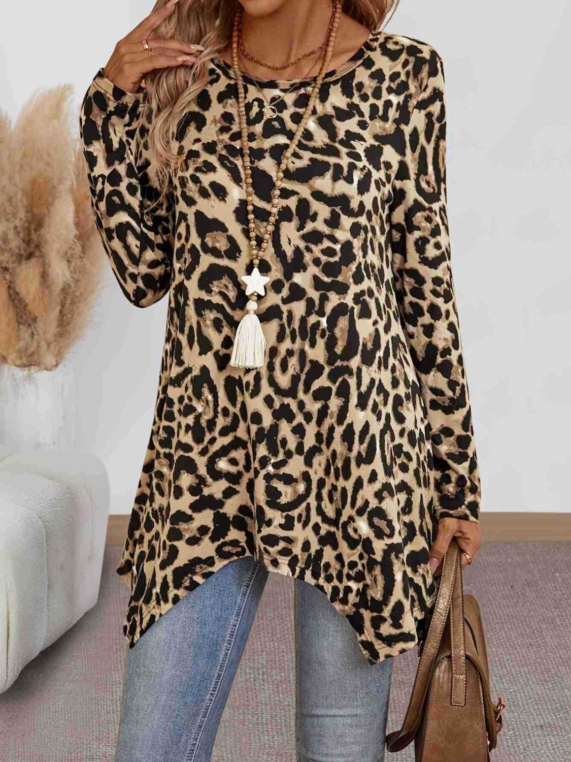 Leopard Round Neck Long Sleeve T-Shirt-TOPS / DRESSES-[Adult]-[Female]-Leopard-S-2022 Online Blue Zone Planet