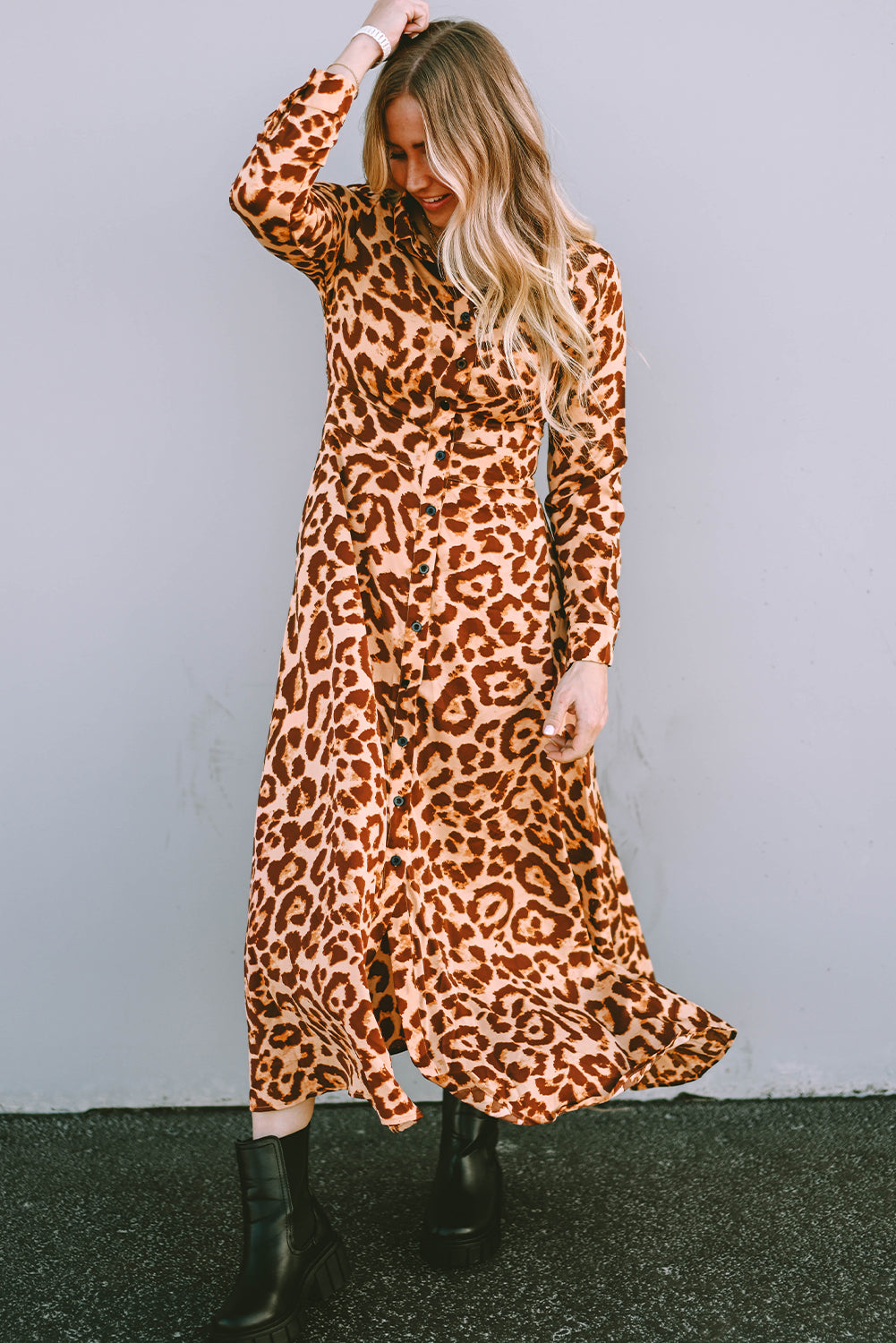 Blue Zone Planet | Leopard Button-Up Long Sleeve Maxi Dress-TOPS / DRESSES-[Adult]-[Female]-2022 Online Blue Zone Planet