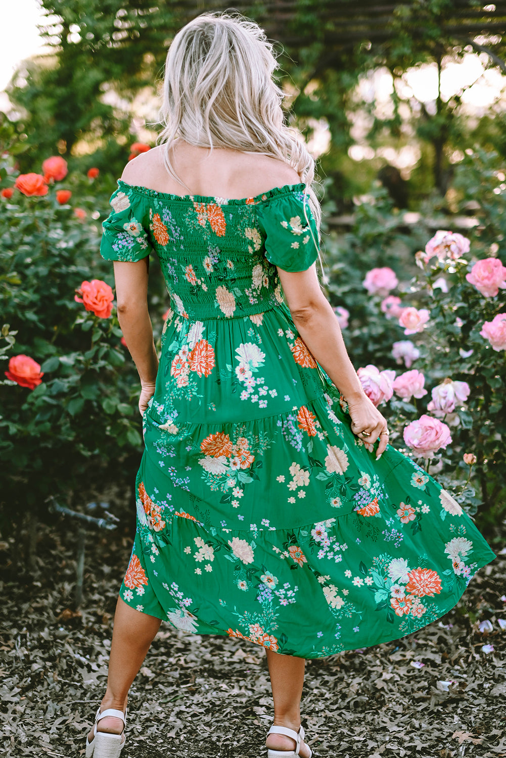 Blue Zone Planet |  Green Floral Print Bubble Sleeve Smocked Tiered Midi Dress Blue Zone Planet