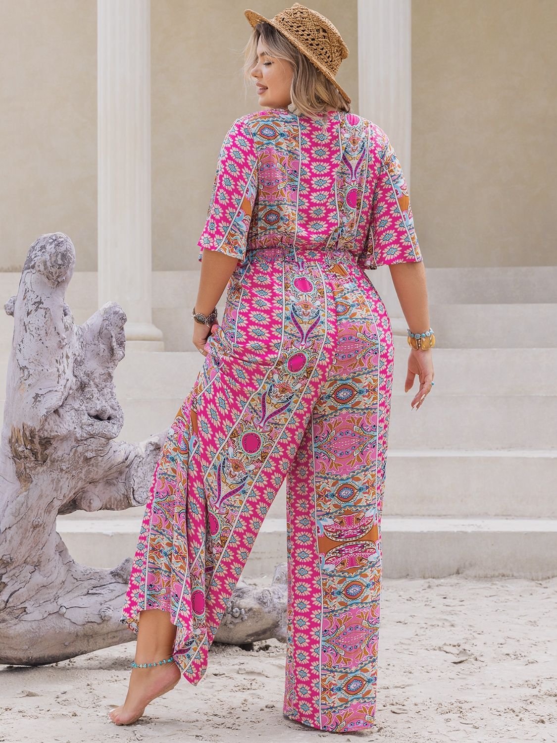 Blue Zone Planet | Plus Size Printed Half Sleeve Wide Leg Jumpsuit-TOPS / DRESSES-[Adult]-[Female]-2022 Online Blue Zone Planet