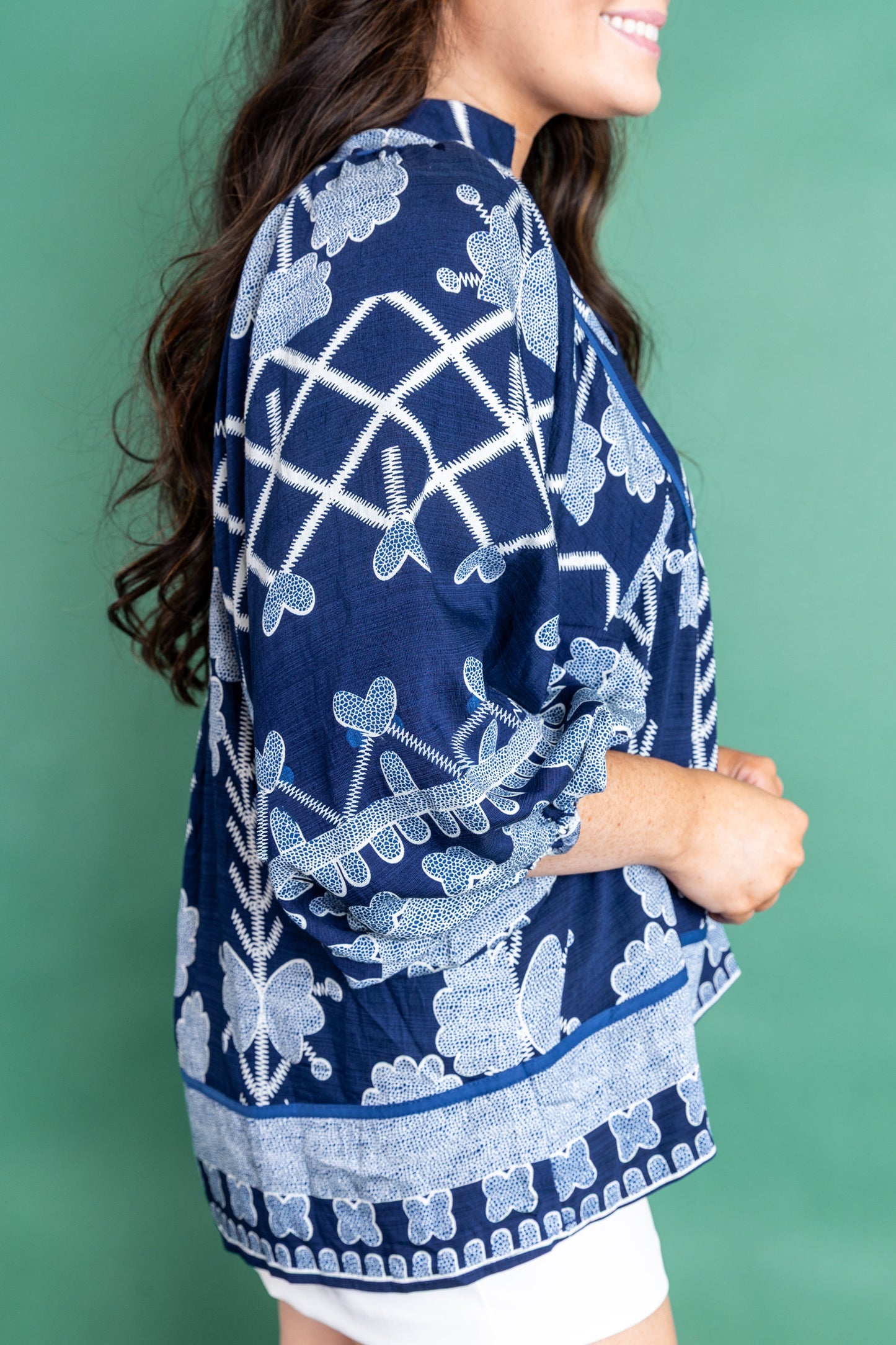 Blue Plus Size Floral Printed Notched Neck Long Sleeve Blouse-Plus Size/Plus Size Tops/Plus Size Blouses & Shirts-[Adult]-[Female]-2022 Online Blue Zone Planet