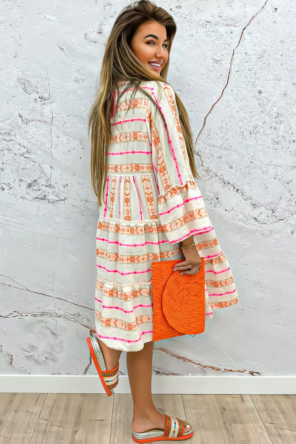 Orange Bohemian Printed Bracelet Sleeve Slit Neck Ruffled Loose Dress-Dresses/Mini Dresses-[Adult]-[Female]-2022 Online Blue Zone Planet