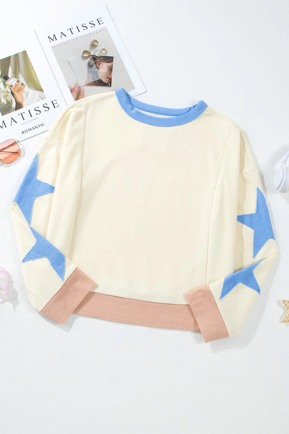 Star Contrast Round Neck Long Sleeve Sweatshirt-TOPS / DRESSES-[Adult]-[Female]-2022 Online Blue Zone Planet