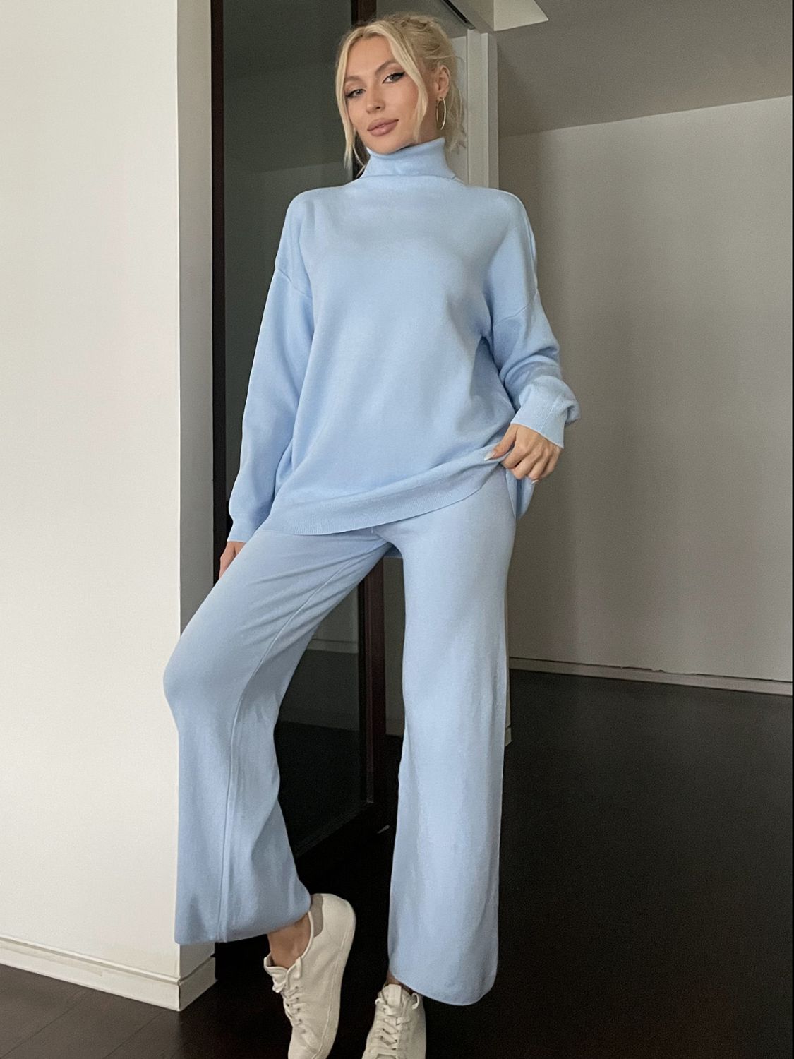 Turtleneck Long Sleeve Top and Drawstring Pants Sweater Set-TOPS / DRESSES-[Adult]-[Female]-2022 Online Blue Zone Planet