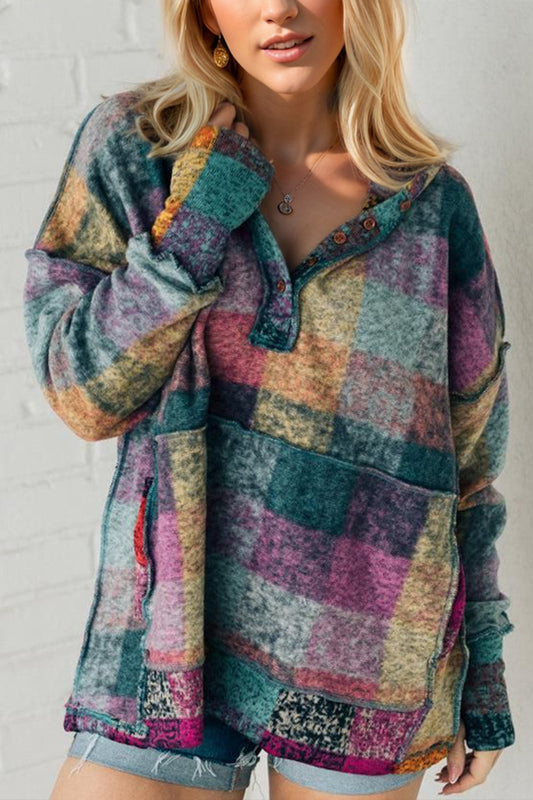 Double Take Full Size Half Button Thumbhole Long Sleeve Hoodie-TOPS / DRESSES-[Adult]-[Female]-Multicolored-S-2022 Online Blue Zone Planet