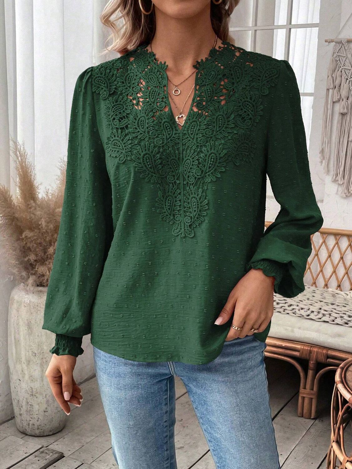 Swiss Dot Lace Detail Notched Long Sleeve Blouse-TOPS / DRESSES-[Adult]-[Female]-2022 Online Blue Zone Planet