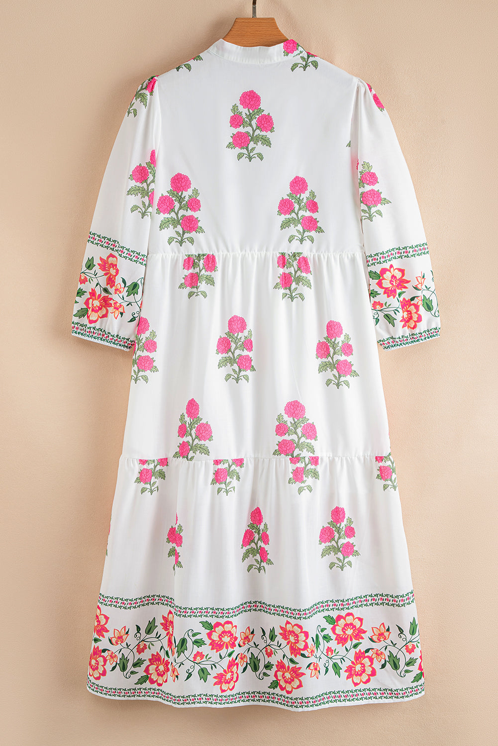 White Floral Print Half Button Mandarin Neck 3/4 Sleeve Maxi Dress-Dresses/Floral Dresses-[Adult]-[Female]-2022 Online Blue Zone Planet