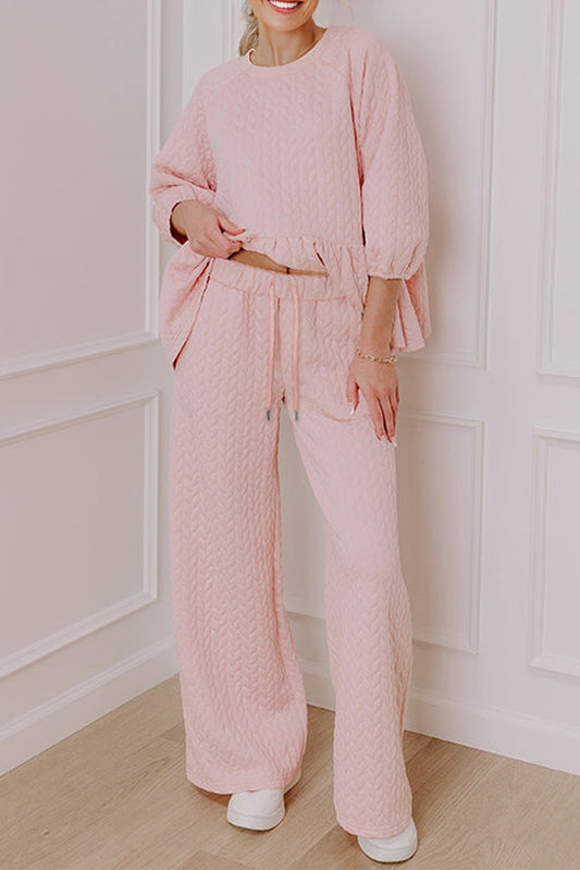 Delicacy Braided Texture Ruffle Hem Top Drawstring Loose Pants Set-Two Piece Sets/Pant Sets-[Adult]-[Female]-Delicacy-S-2022 Online Blue Zone Planet