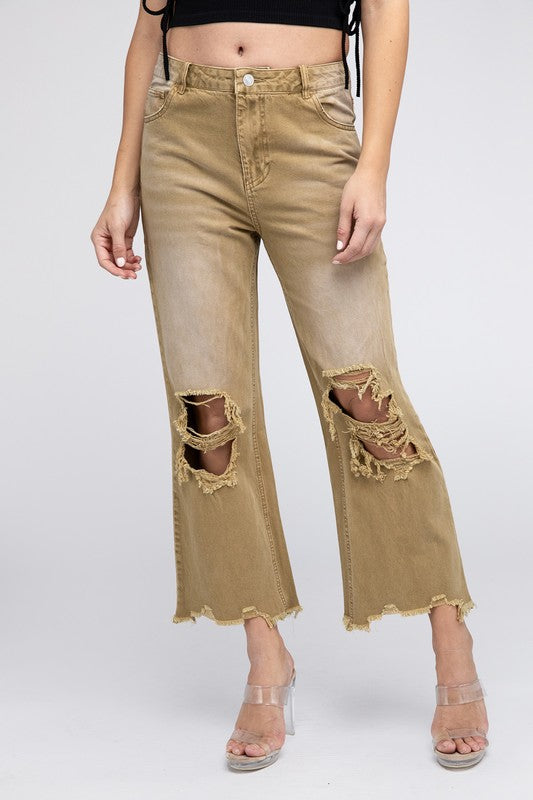 Distressed Vintage Washed Wide Leg Pants-[Adult]-[Female]-VINTAGE CAMEL-S-2022 Online Blue Zone Planet