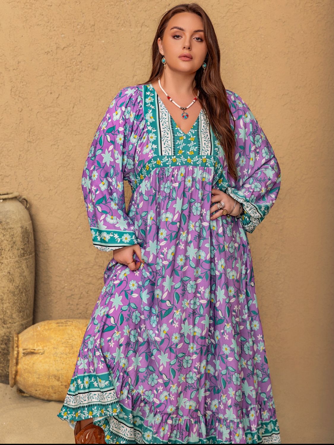 Blue Zone Planet | Plus Size Printed V-Neck Long Sleeve Maxi Dress-TOPS / DRESSES-[Adult]-[Female]-2022 Online Blue Zone Planet