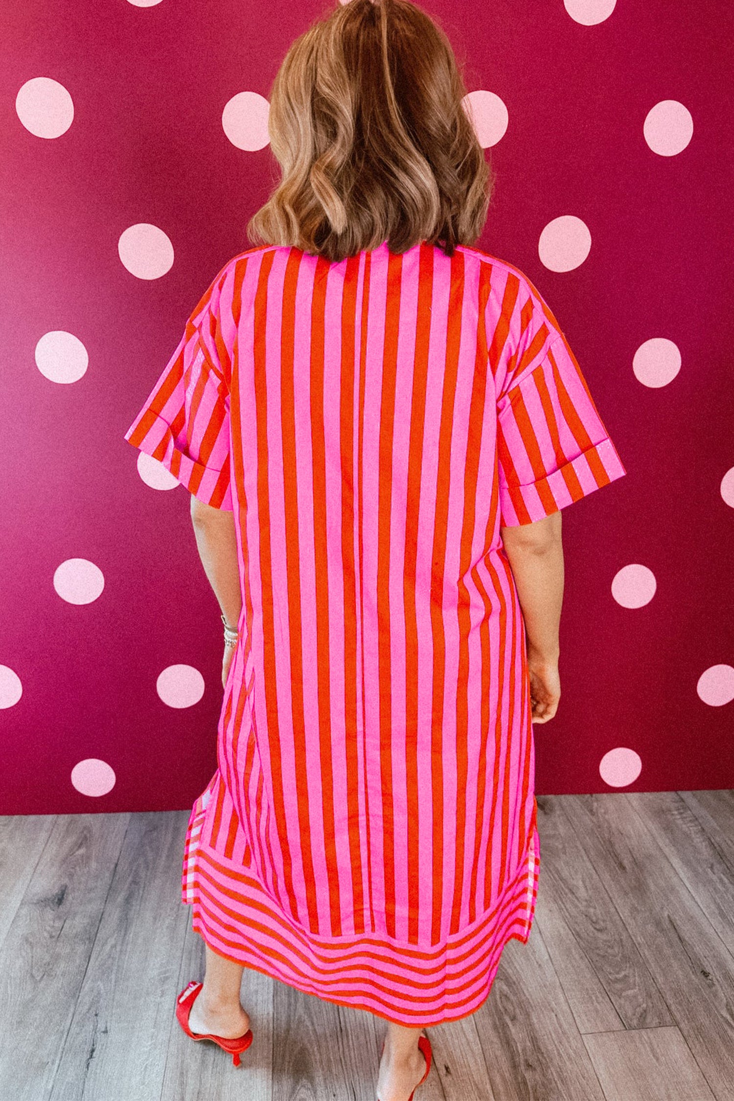 Red Stripe V Neck Cuffed Sleeve Relaxed Split Midi Dress-Dresses/Midi Dresses-[Adult]-[Female]-2022 Online Blue Zone Planet
