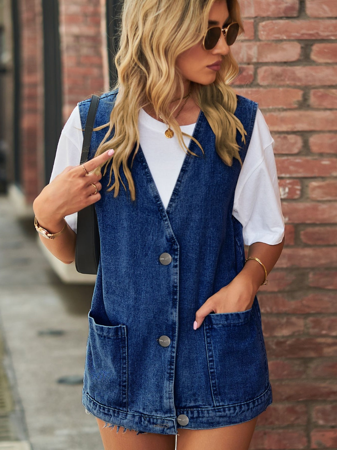 Full Size V-Neck Button Up Denim Vest-TOPS / DRESSES-[Adult]-[Female]-Medium-S-2022 Online Blue Zone Planet