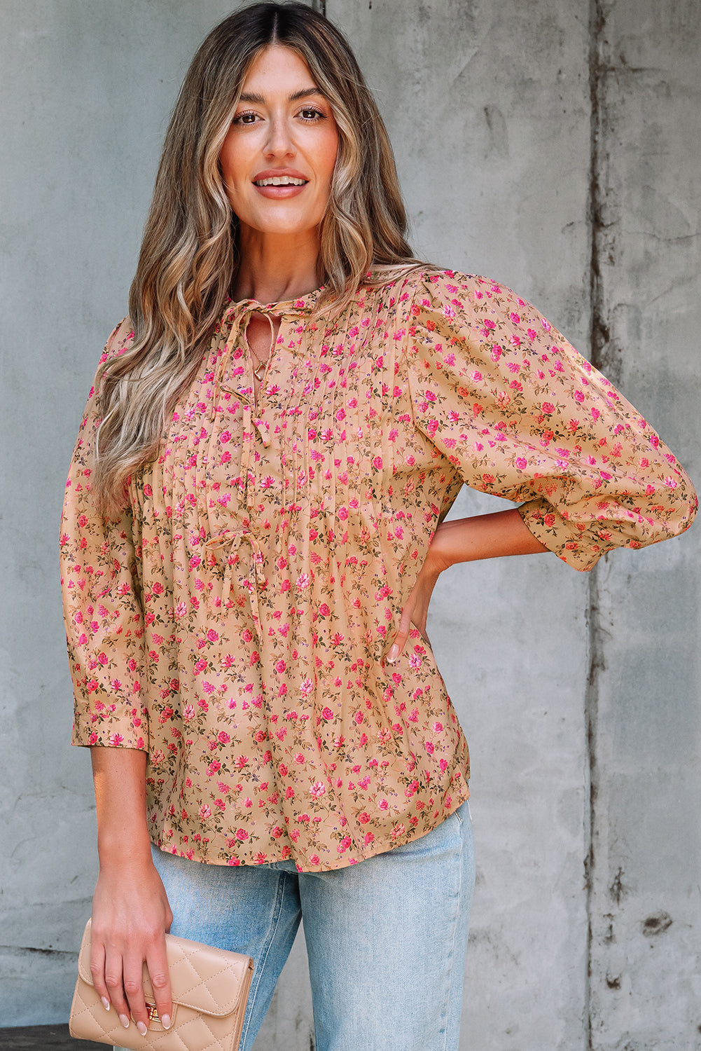 Light French Beige Floral Print Bow Pintuck Bust Half Puff Sleeve Blouse Top-Tops/Blouses & Shirts-[Adult]-[Female]-2022 Online Blue Zone Planet