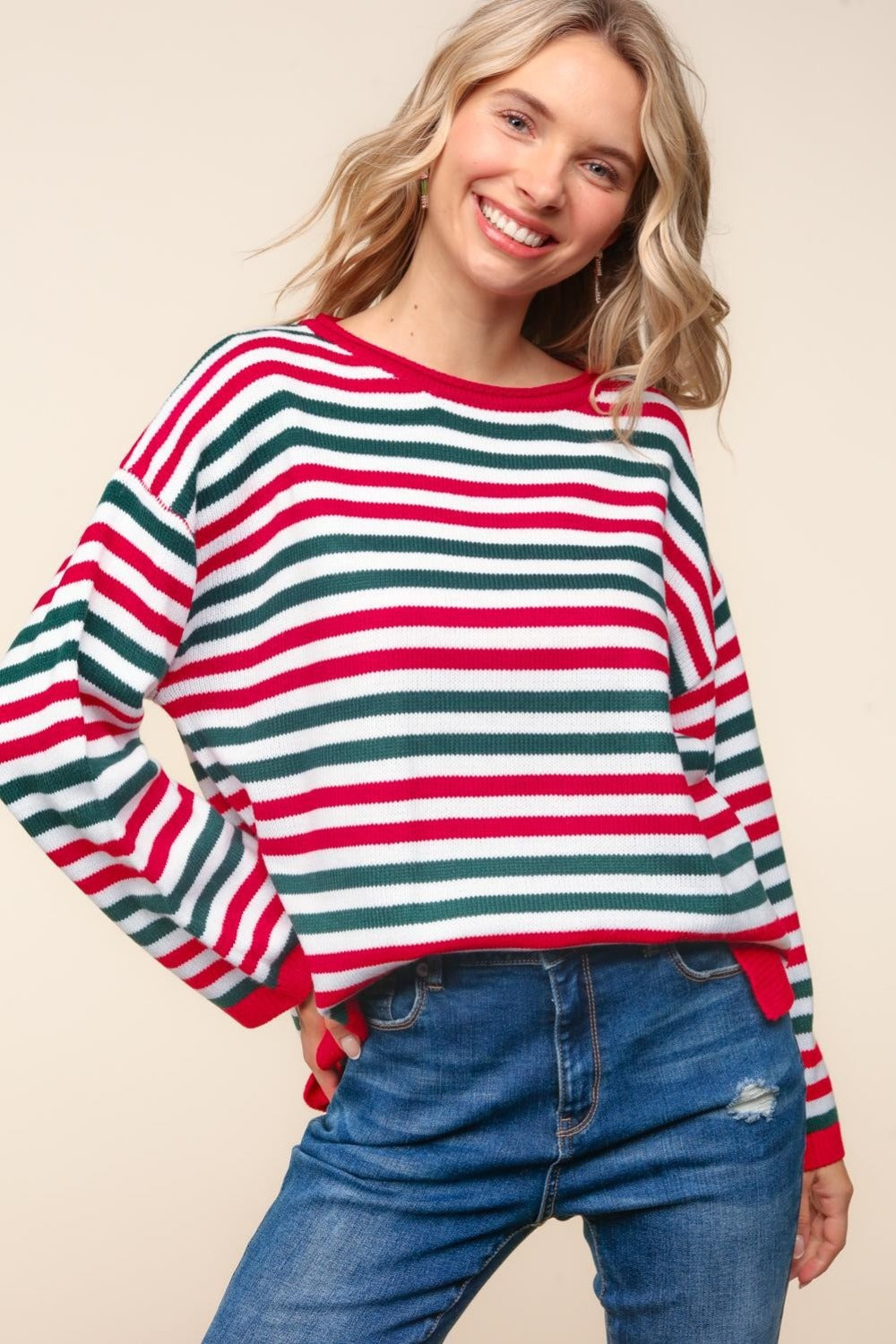 Blue Zone Planet | Haptics Full Size Striped Contrast Side Slit Knit Top-TOPS / DRESSES-[Adult]-[Female]-2022 Online Blue Zone Planet