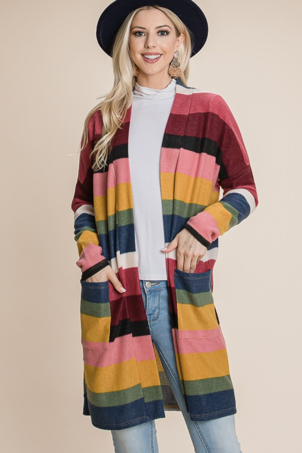 BOMBOM Color Block Striped Open Front Cardigan-TOPS / DRESSES-[Adult]-[Female]-Multi-S-2022 Online Blue Zone Planet