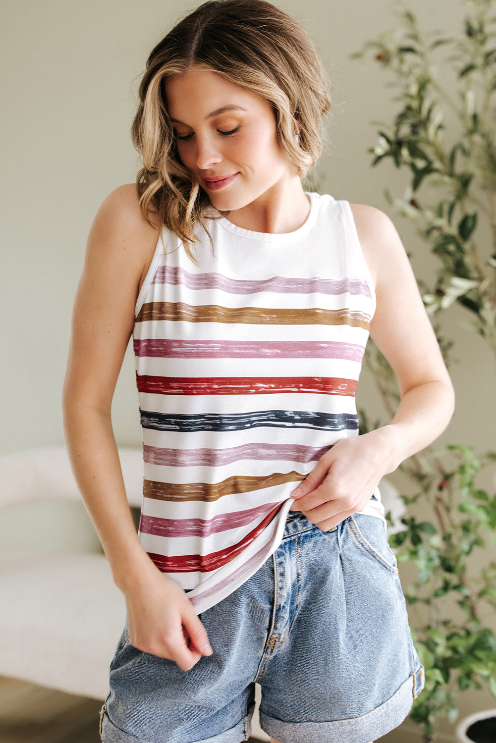 Red Stripe Rainbow Round Neck Tank Top-Tops/Tank Tops-[Adult]-[Female]-2022 Online Blue Zone Planet