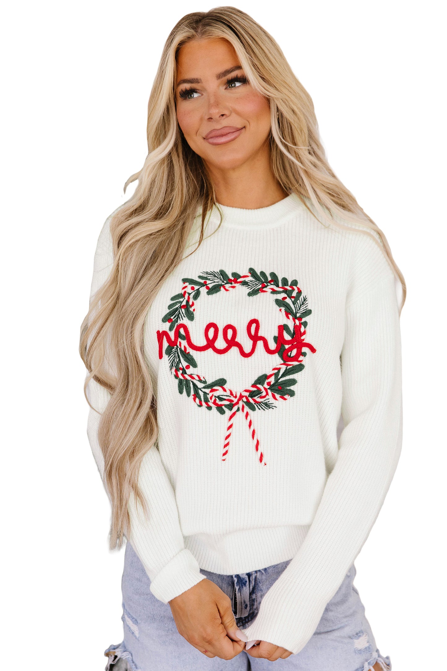 White Christmas Wreath Pattern Round Neck Casual Sweater-TOPS / DRESSES-[Adult]-[Female]-2022 Online Blue Zone Planet