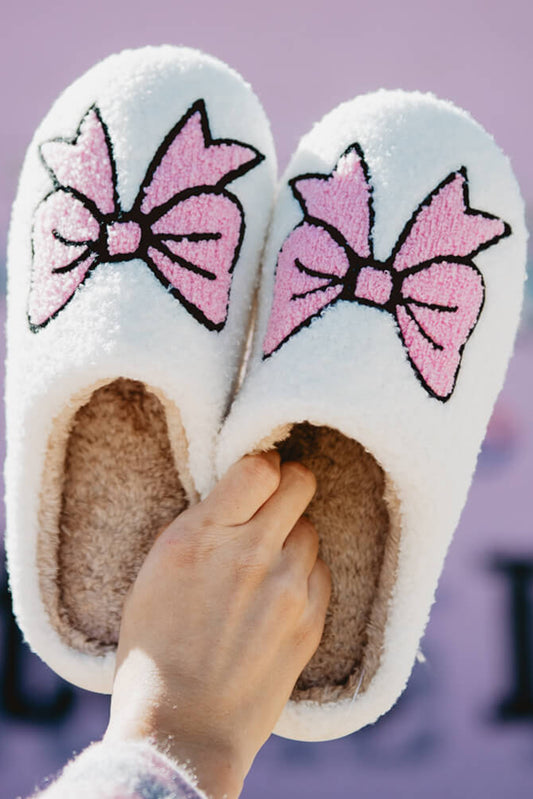 White Cute Bowknot Pattern Fuzzy Winter Home Slippers-Shoes & Bags/Slippers-[Adult]-[Female]-White-37-2022 Online Blue Zone Planet