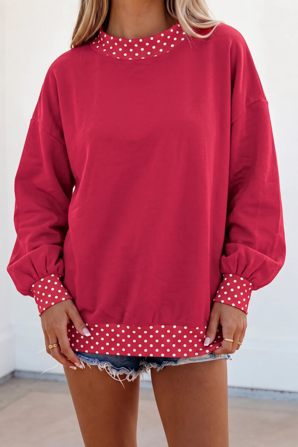 Tillandsia Purple Colorblock Polka Dot Contrast Trim Oversized Sweatshirt