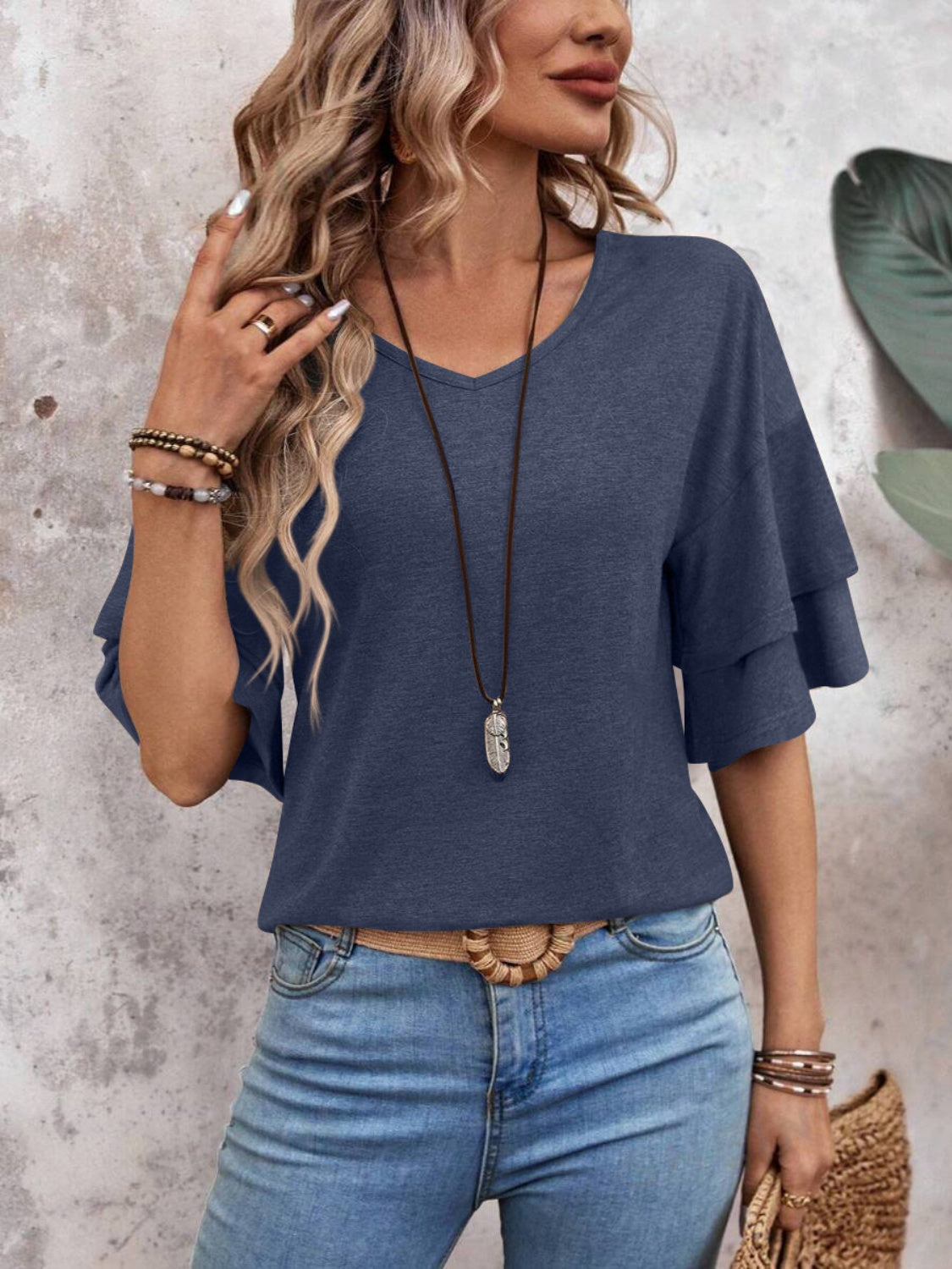 V-Neck Half Sleeve Blouse-TOPS / DRESSES-[Adult]-[Female]-2022 Online Blue Zone Planet