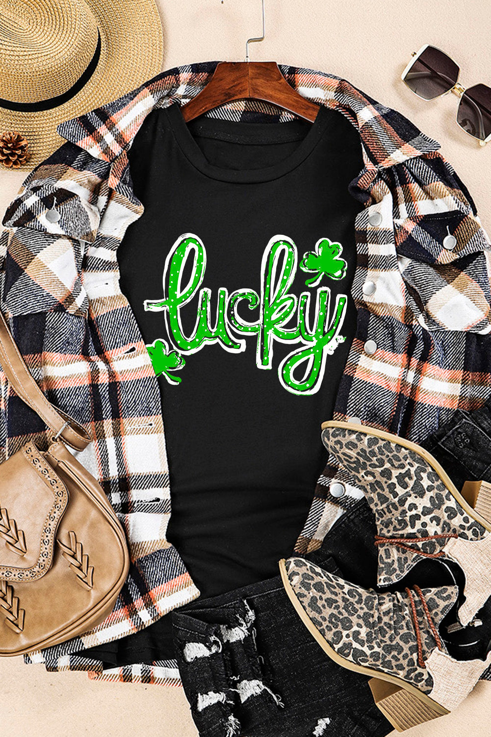 Black St. Patricks Lucky Clover Print O Neck T Shirt-Graphic/Graphic Tees-[Adult]-[Female]-2022 Online Blue Zone Planet