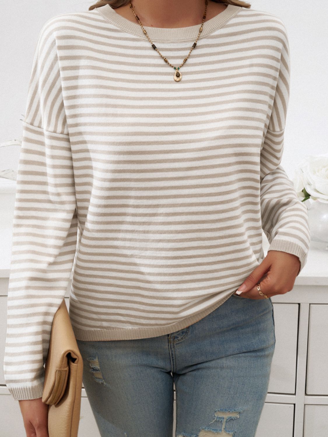 Striped Round Neck Dropped Shoulder Sweater-TOPS / DRESSES-[Adult]-[Female]-2022 Online Blue Zone Planet