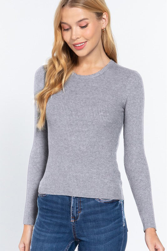 ACTIVE BASIC Full Size Ribbed Round Neck Long Sleeve Knit Top-TOPS / DRESSES-[Adult]-[Female]-GREY-S-2022 Online Blue Zone Planet