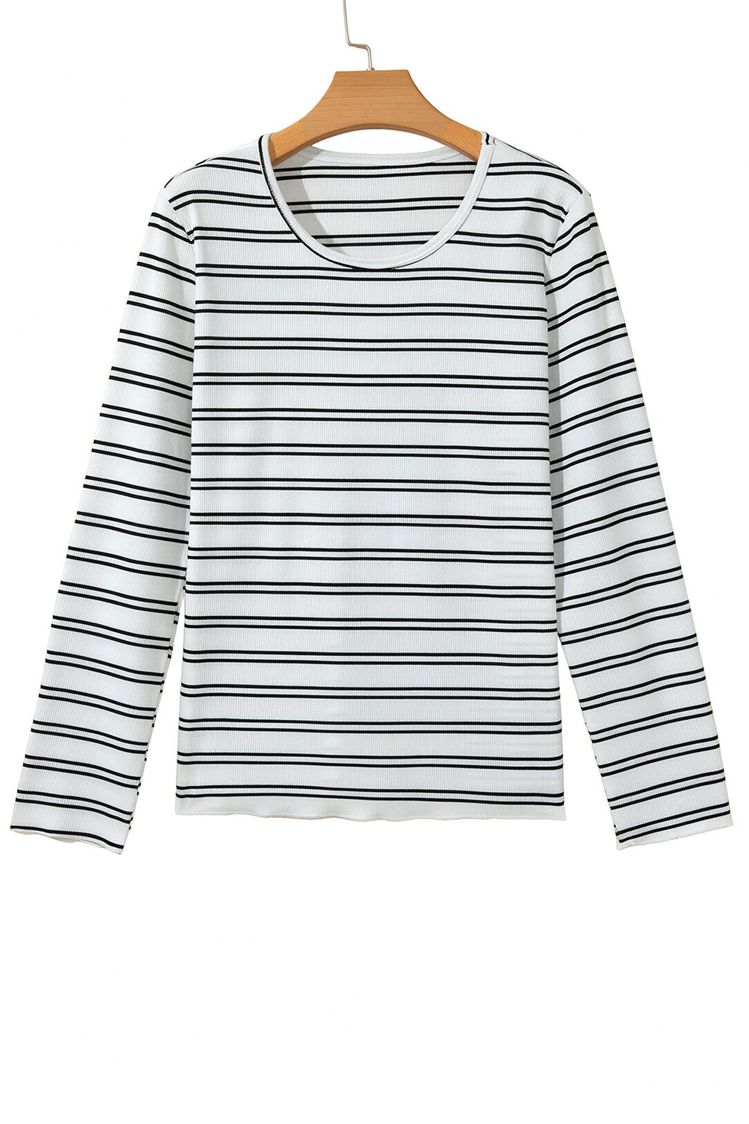 Beige Stripe Ribbed Knit Round Neck Long Sleeve Top-Tops/Long Sleeve Tops-[Adult]-[Female]-2022 Online Blue Zone Planet