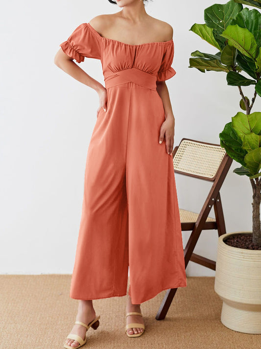 Off-Shoulder Short Sleeve Wide Leg Jumpsuit-TOPS / DRESSES-[Adult]-[Female]-Coral-S-2022 Online Blue Zone Planet