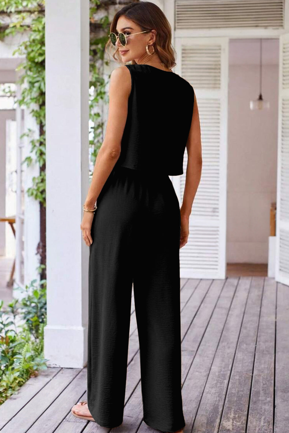 Black Buttoned Vest Drawstring Wide Leg Pants 2Pcs Set-Two Piece Sets/Pant Sets-[Adult]-[Female]-2022 Online Blue Zone Planet