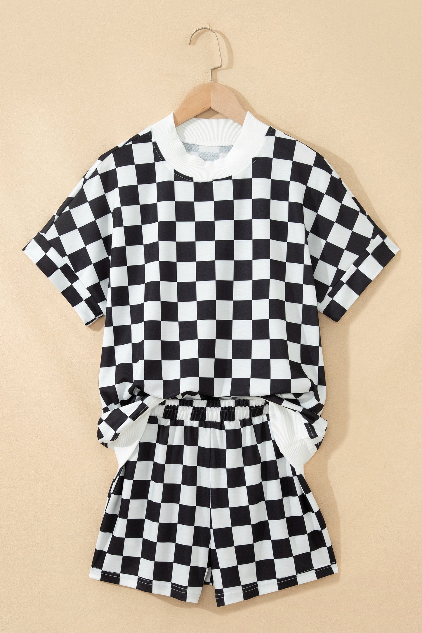 Pink Checkered Print Color Block Trim Mock Neck Short Set-Two Piece Sets/Short Sets-[Adult]-[Female]-2022 Online Blue Zone Planet